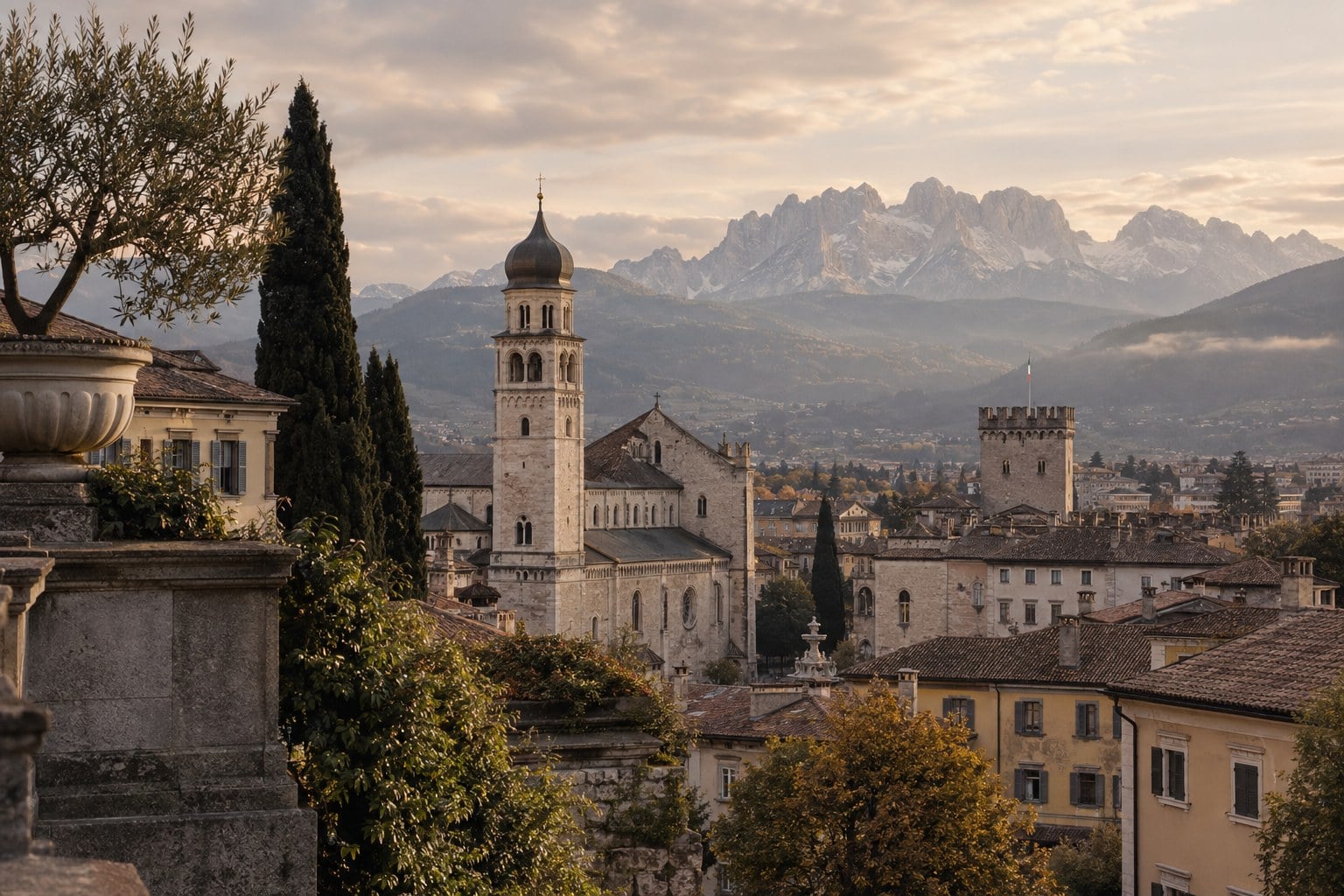 A warm editorial view of Trento and the Dolomites